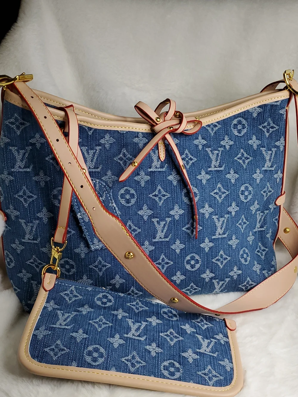 Blue Monogram Denim Shoulder Bag with Beige Trim